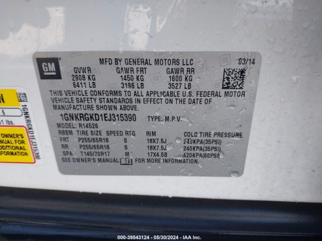 1GNKRGKD1EJ315390 Chevrolet Traverse 1lt