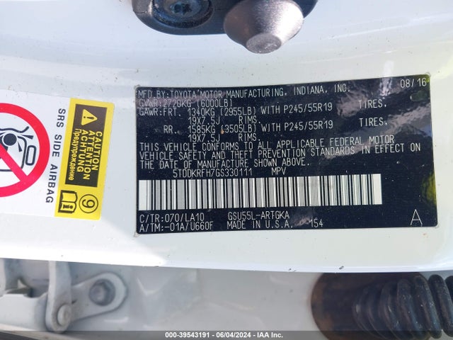 5TDDKRFH7GS330111 Toyota Highlander Limited V6