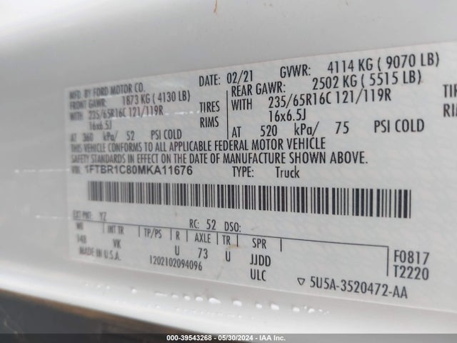 Ford Transit-250 2021 1FTBR1C80MKA11676 Image 9
