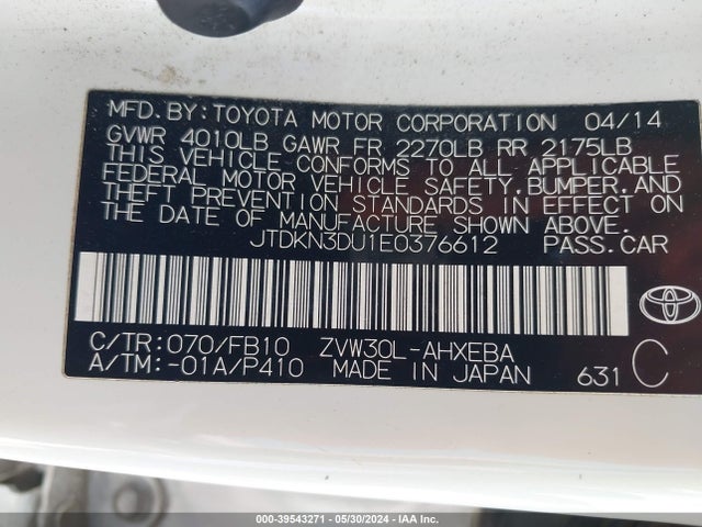 Toyota Prius Two 2014 JTDKN3DU1E0376612 Image 9