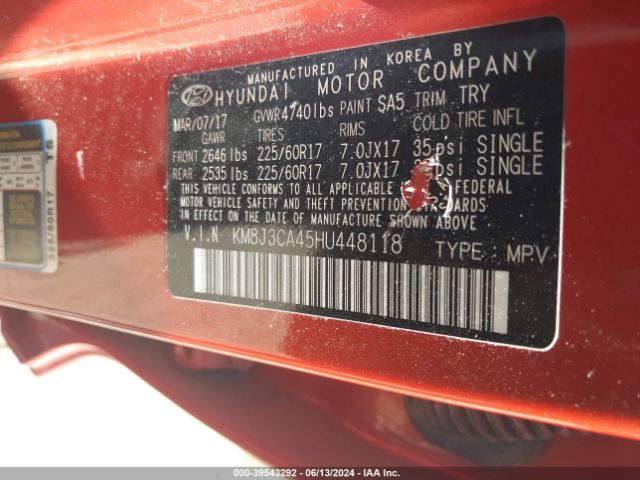 KM8J3CA45HU448118 Hyundai Tucson Se Plus