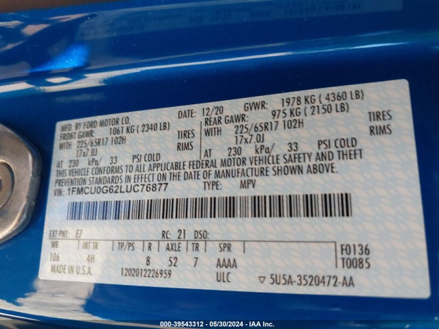 Ford ESCAPE SE 2020 1FMCU0G62LUC76877 Image 9
