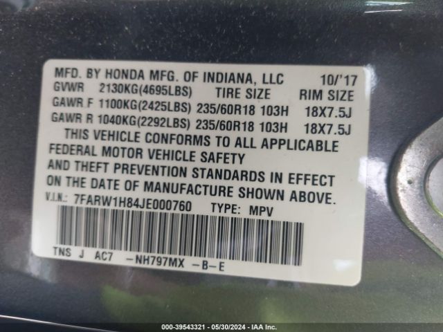 7FARW1H84JE000760 Honda Cr-v Ex-l/ex-l Navi