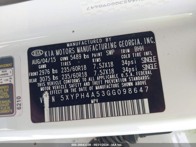 KIA Sorento 3.3l Ex 2016 5XYPH4A53GG098647 Image 9