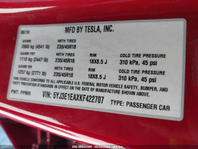 5YJ3E1EAXKF422707 Tesla MODEL 3