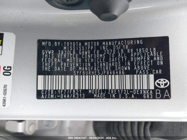 Toyota COROLLA LE 2018 5YFBURHE5JP846486 Image 9