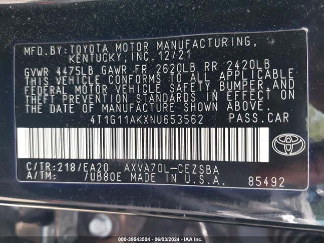 Toyota CAMRY SE 2022 4T1G11AKXNU653562 Image 9