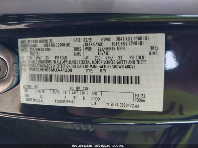 2021 FORD ESCAPE 1FMCU9H66MUA41208 Photo 8