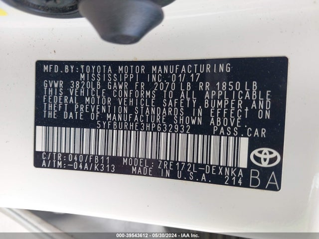 Toyota COROLLA LE 2017 5YFBURHE3HP632932 Image 9