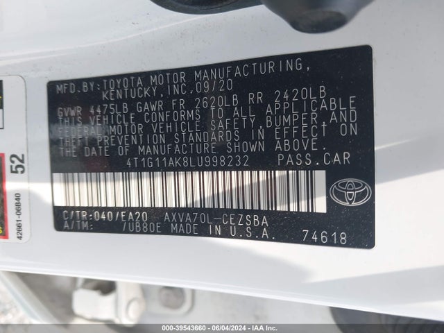 Toyota CAMRY SE 2020 4T1G11AK8LU998232 Image 9