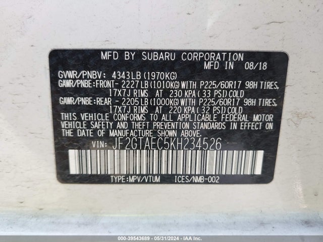 Subaru Crosstrek 2.0i Premium 2019 JF2GTAEC5KH234526 Image 9