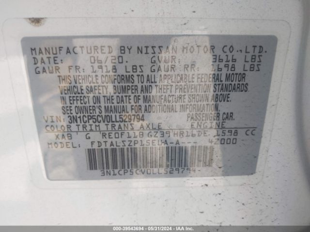 3N1CP5CV0LL529794 Nissan Kicks Sv Xtronic Cvt