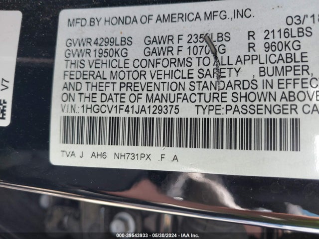 Honda ACCORD EX 2018 1HGCV1F41JA129375 Image 9