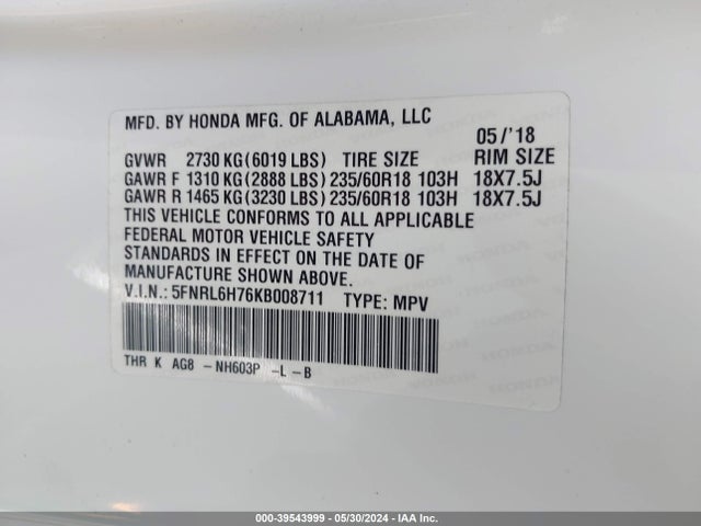 Honda Odyssey Ex-l 2019 5FNRL6H76KB008711 Image 9