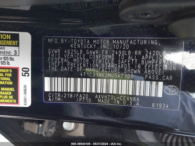 Toyota Camry Le Hybrid 2021 4T1C31AK2MU547100 Image 9