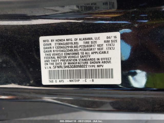 5FNRL5H63GB098022 Honda Odyssey Ex-l