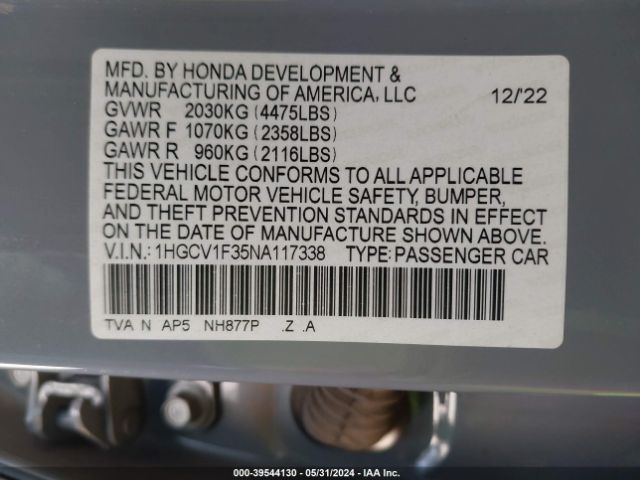 1HGCV1F35NA117338 Honda Accord Sport