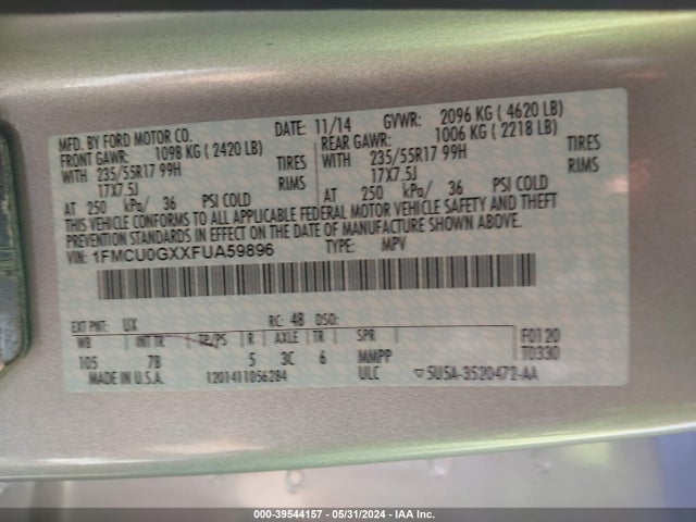 Ford ESCAPE SE 2015 1FMCU0GXXFUA59896 Image 9