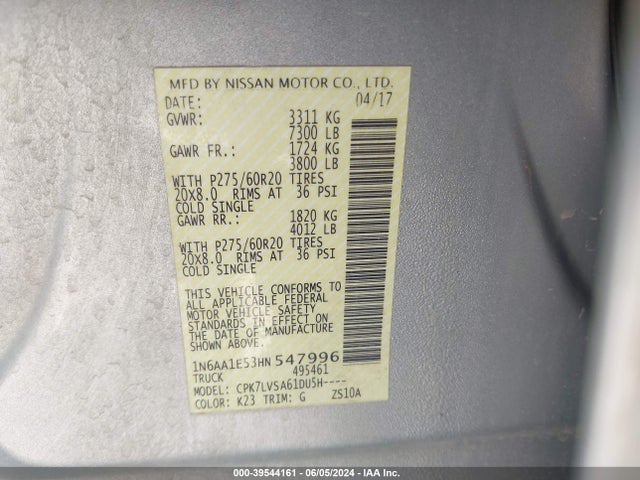 Nissan Titan Sl 2017 1N6AA1E53HN547996 Image 9