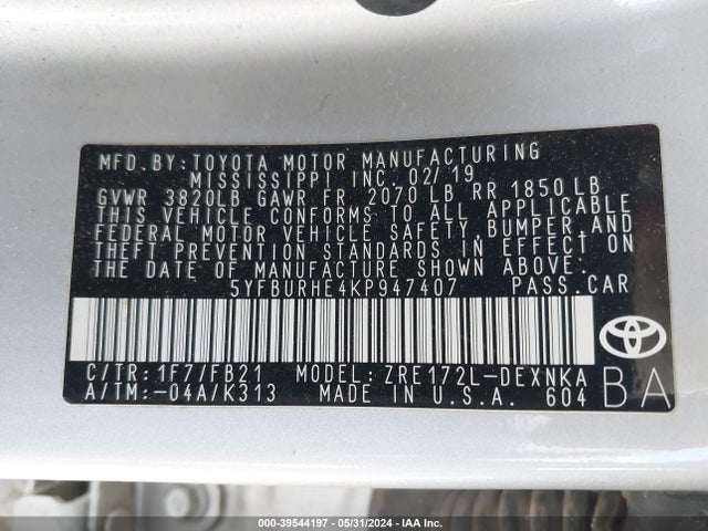 Toyota COROLLA LE 2019 5YFBURHE4KP947407 Image 9