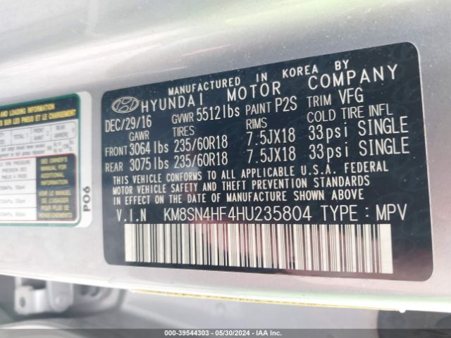 KM8SN4HF4HU235804 Hyundai Santa Fe Se