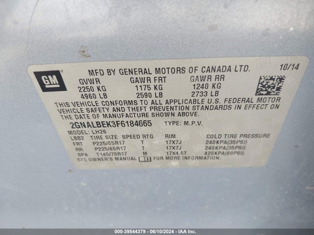 Chevrolet EQUINOX 1LT 2015 2GNALBEK3F6184665 Image 9