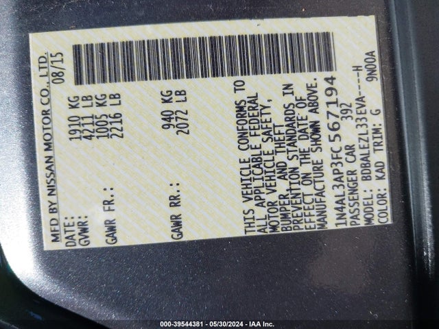 Nissan Altima 2.5 S 2015 1N4AL3AP3FC567194 Image 9