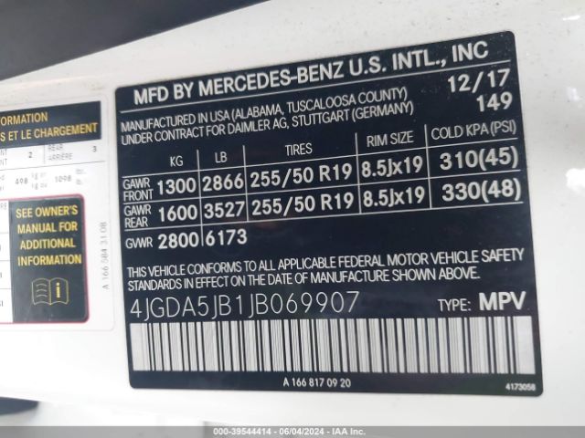 4JGDA5JB1JB069907 Mercedes-Benz GLE 350