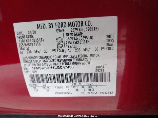 Ford EXPLORER XLT 2020 1FMSK8DH1LGC47486 Image 9