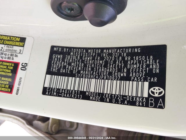 Toyota COROLLA LE 2018 5YFBURHE4JP810627 Image 9