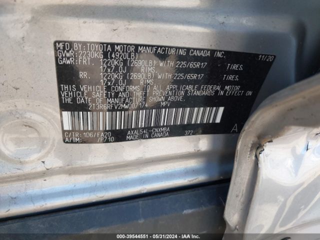 2T3R6RFV2MW007174 Toyota Rav4 Xle Hybrid