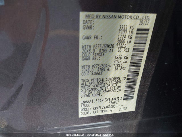 Nissan Titan Sl 2018 1N6AA1E54JN503432 Image 9