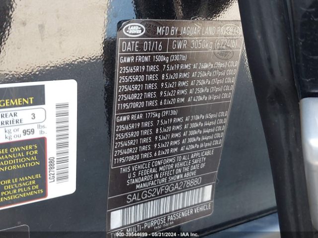 SALGS2VF9GA278880 Land Rover Range Rover 3.0l V6 Supercharged Hse