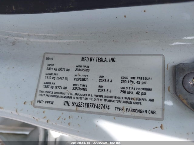 5YJ3E1EB7KF487474 Tesla Model 3 Long Range/performance