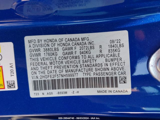 2HGFE2F57NH599977 Honda Civic Sport
