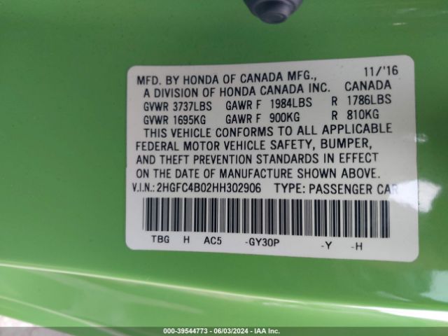 2HGFC4B02HH302906 Honda Civic Lx-p