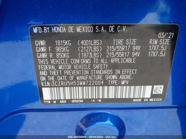3CZRU5H53MM722004 Honda Hr-v 2wd Ex