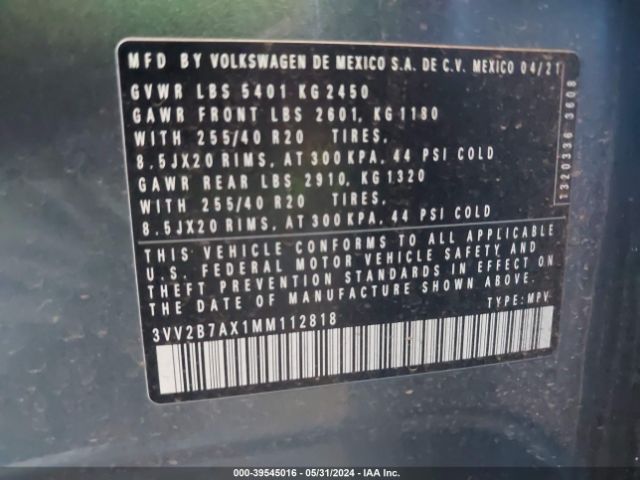 3VV2B7AX1MM112818 Volkswagen Tiguan 2.0t Se/2.0t Se R-line Black/2.0t Sel