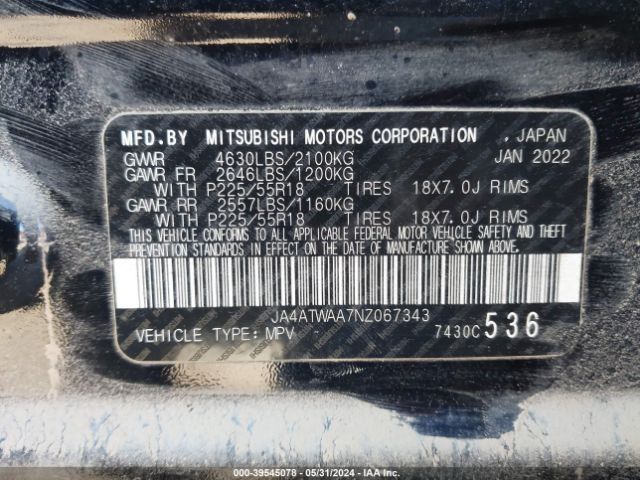 JA4ATWAA7NZ067343 Mitsubishi Eclipse Cross Se S-awc/se Special Edition S-awc/sel S-awc/sel Special Edition S-awc