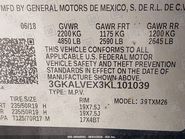 Продаж на аукціоні авто 2019 Gmc Terrain Slt, vin: 3GKALVEX3KL101039, номер лоту: 39545082