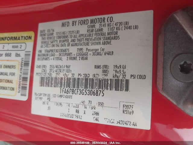 Ford MUSTANG GT 2016 1FA6P8CF3G5306875 Image 9