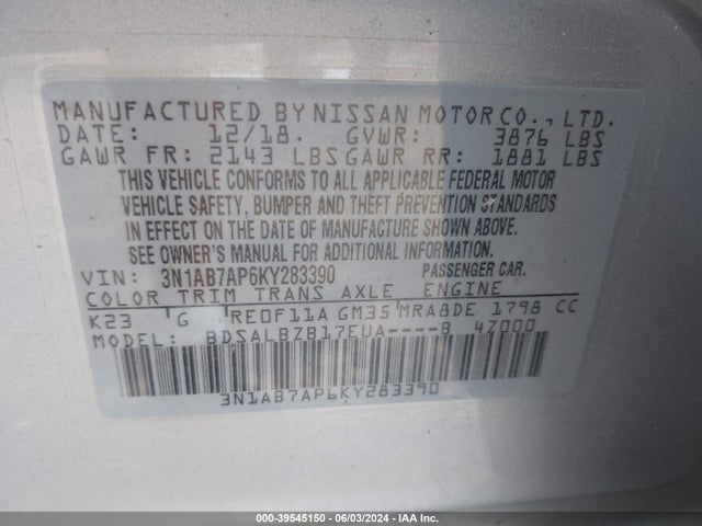 Nissan SENTRA S 2019 3N1AB7AP6KY283390 Image 9