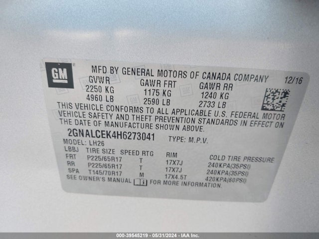 Chevrolet EQUINOX LT 2017 2GNALCEK4H6273041 Image 9