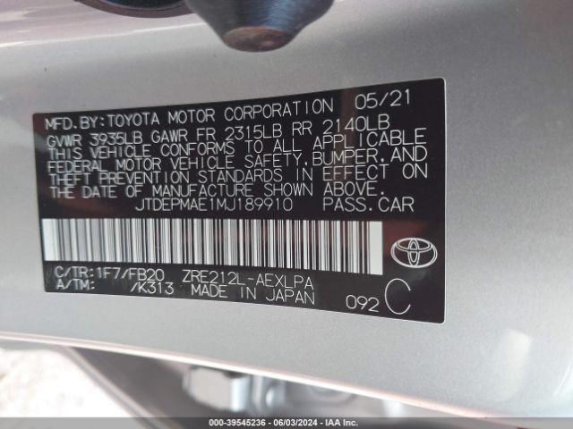 JTDEPMAE1MJ189910 Toyota COROLLA LE