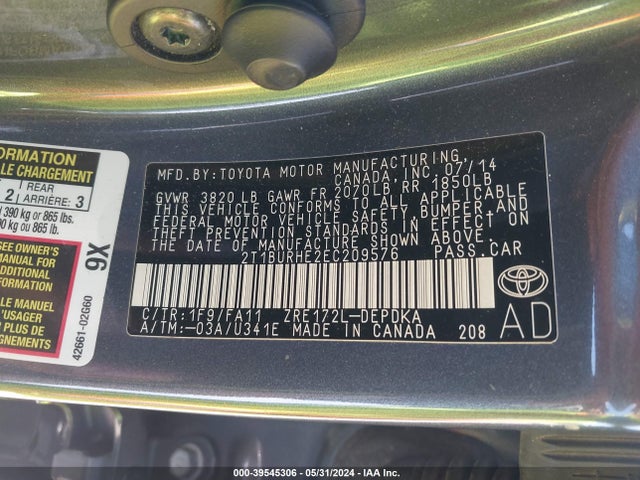 Toyota COROLLA L 2014 2T1BURHE2EC209576 Image 9