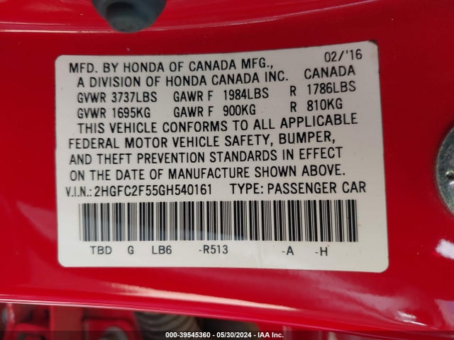 Honda Civic Lx 2016 2HGFC2F55GH540161 Image 9