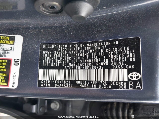 Toyota COROLLA LE 2017 5YFBURHE7HP680739 Image 9