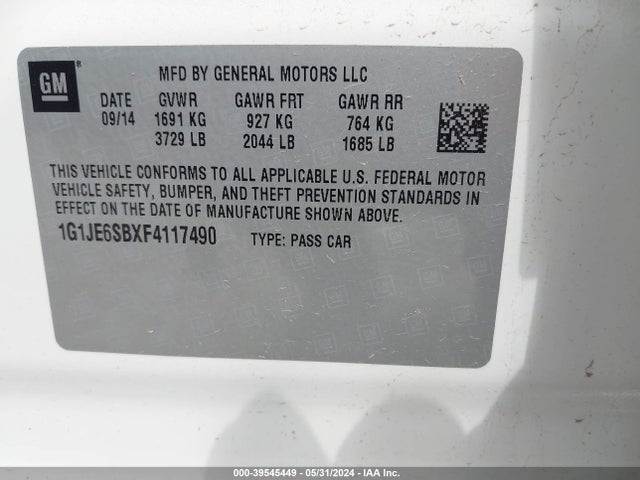 Chevrolet Sonic Ltz Auto 2015 1G1JE6SBXF4117490 Image 9