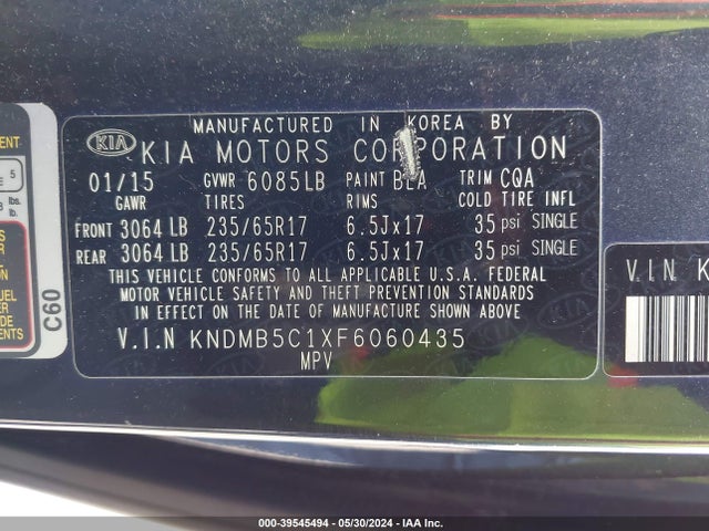KIA SEDONA LX 2015 KNDMB5C1XF6060435 Image 9