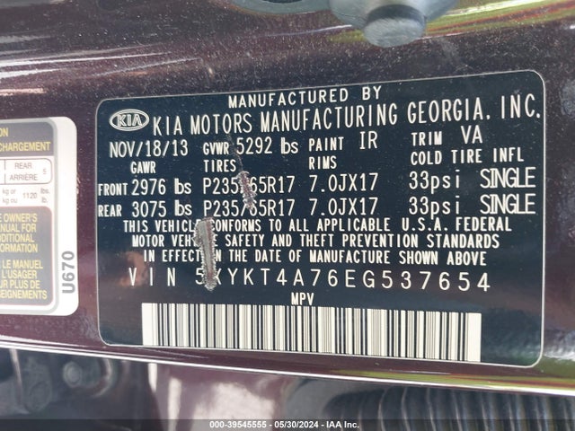 KIA Sorento Lx V6 2014 5XYKT4A76EG537654 Image 9